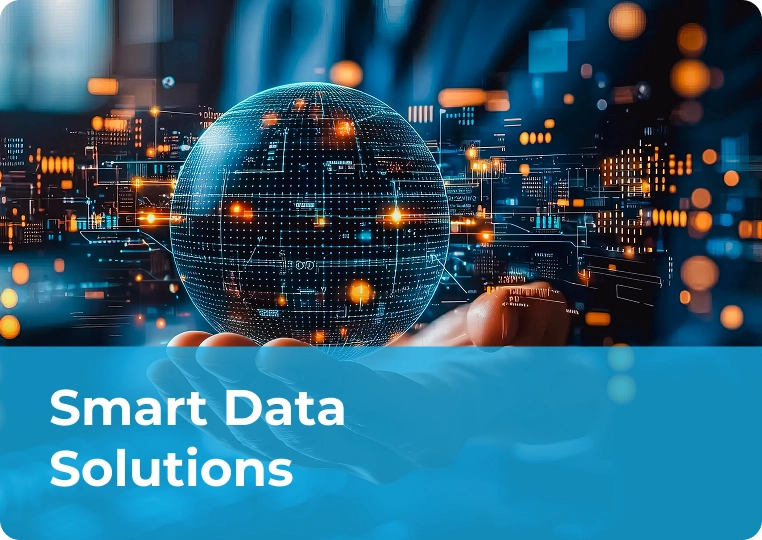 Digital globe hovering over a hand with interconnected data nodes and futuristic UI elements, symbolizing smart data software.