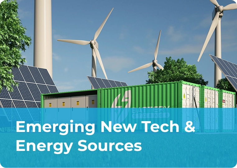 Renewable energy site with solar panels, wind turbines, and battery storage units showcasing emerging clean tech solutions.