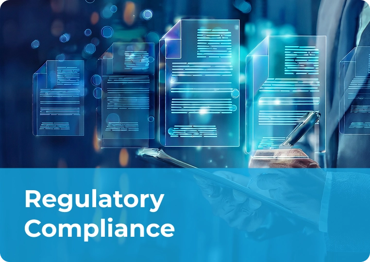 Business professional reviewing holographic digital documents, showcasing regulatory compliance software solutions and tools.